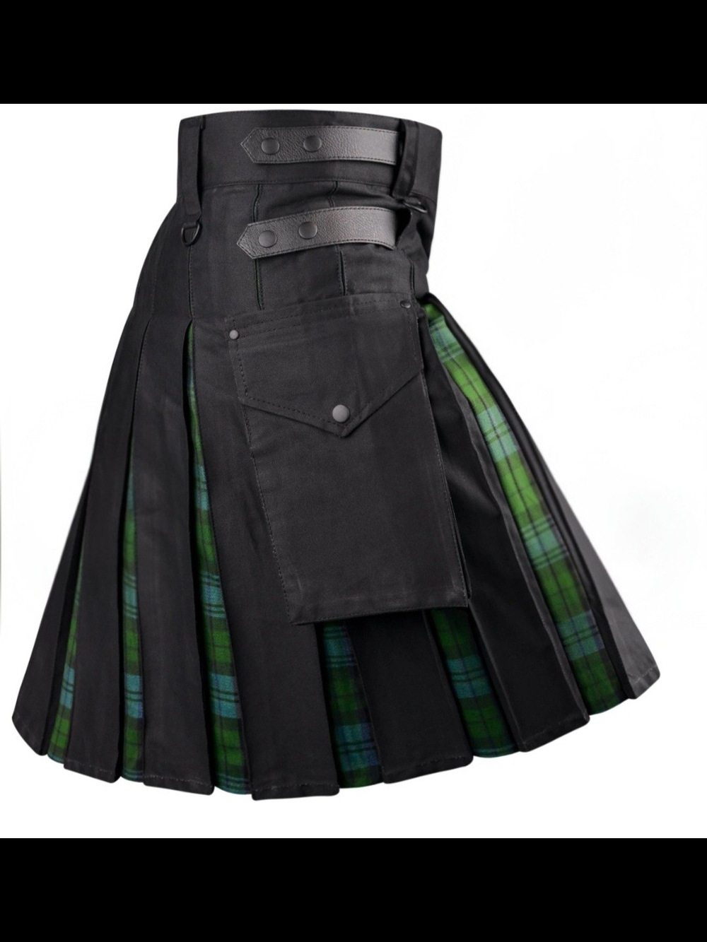 New Mens Black Utility Kilt Skirt with Green Tartan Panels